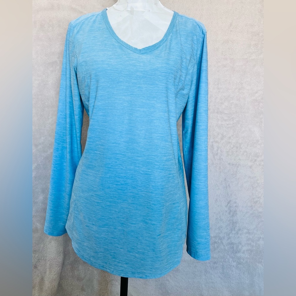 Duluth Trading Company Long Sleeve Armachillo V Neck Tee Shirt Blue/Whit…